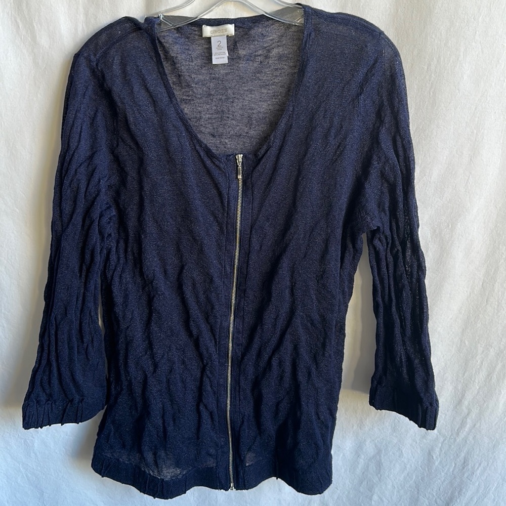 Chico’s navy crinkle cut sheer zip cardigan, size 2 (L/12)
